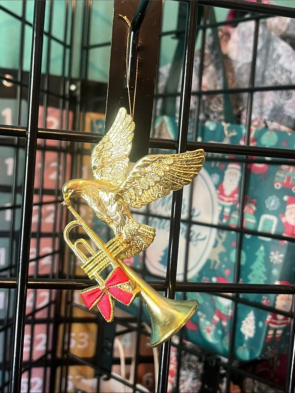 Vintage Gold Flying Dove with Trumpet Holiday Ornament with Red Bow